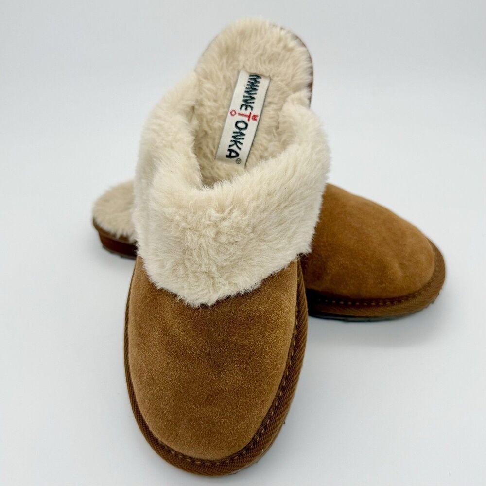 MINNETONKA Carefree Scuff Slipper Womens Sz 8 Brown Suede Leather Faux Fur 40811